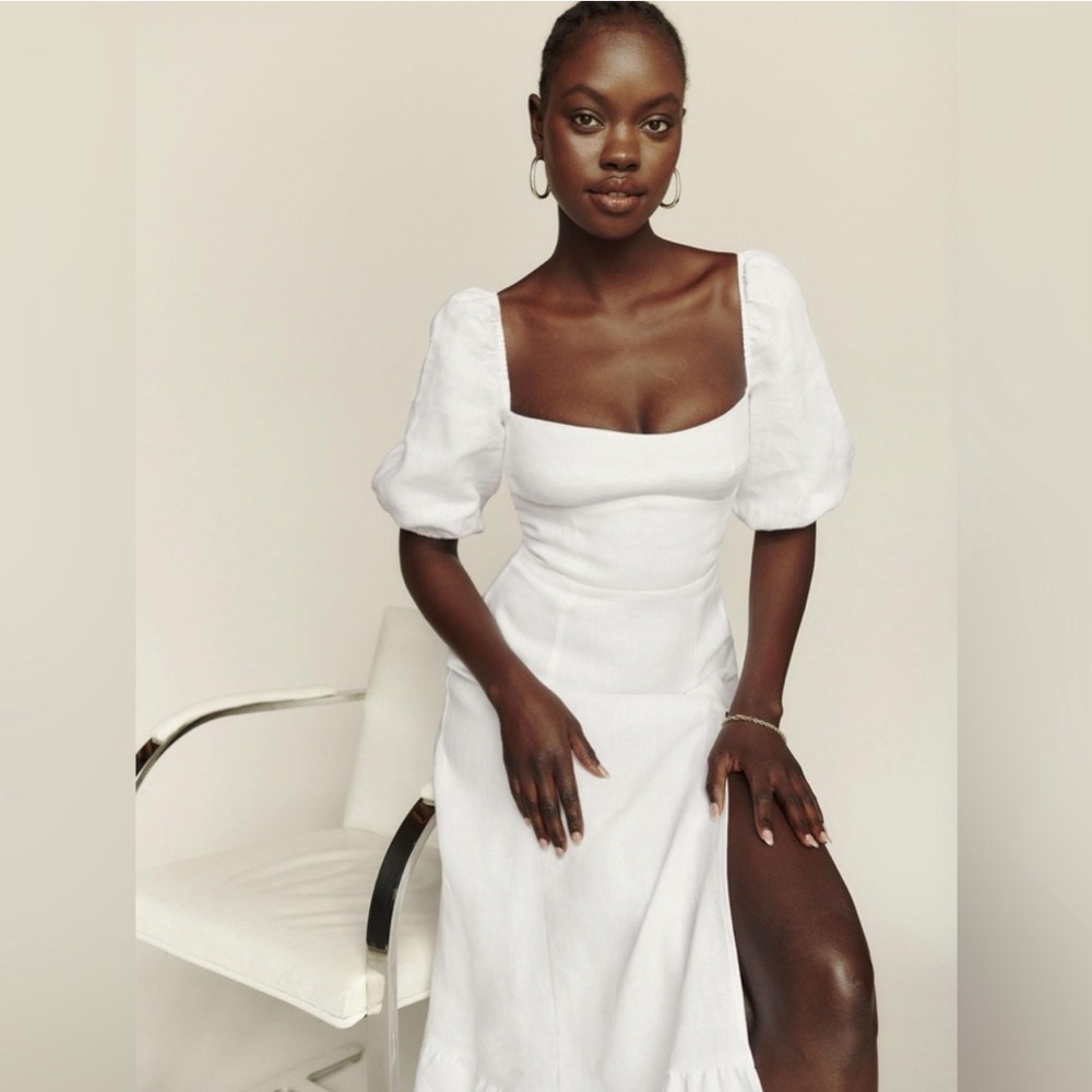 Reformation 100% white linen puff sleeve dress